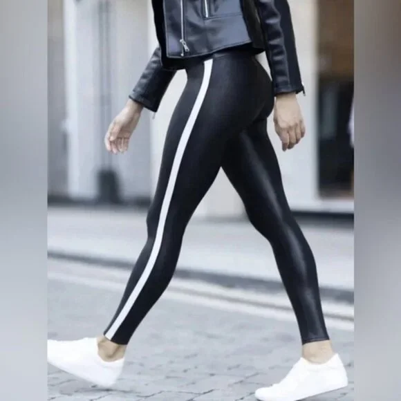 NWT‎ SPANX Shine Black Faux Leather White Stripe Legging 20187P PLUS Size 3X